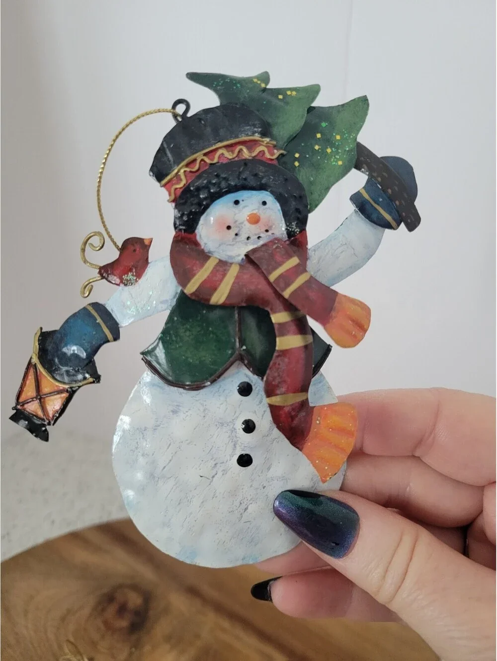 2 Vtg Metal Tin Primitive Rustic Christmas Tree Ornaments Stocking Snowman